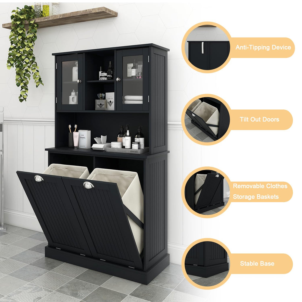 Tall Tilt Out Laundry Hamper Cabinet with 2 Removable Baskets, Laundry Room Cabinets and Storage Furniture with