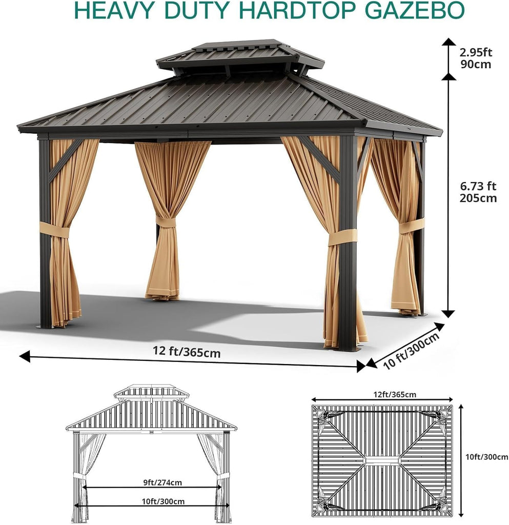 12 x 20 ft Hardtop Gazebo, Heavy Duty Galvanized Aluminum Frame Double Roof Outdoor Pavilion