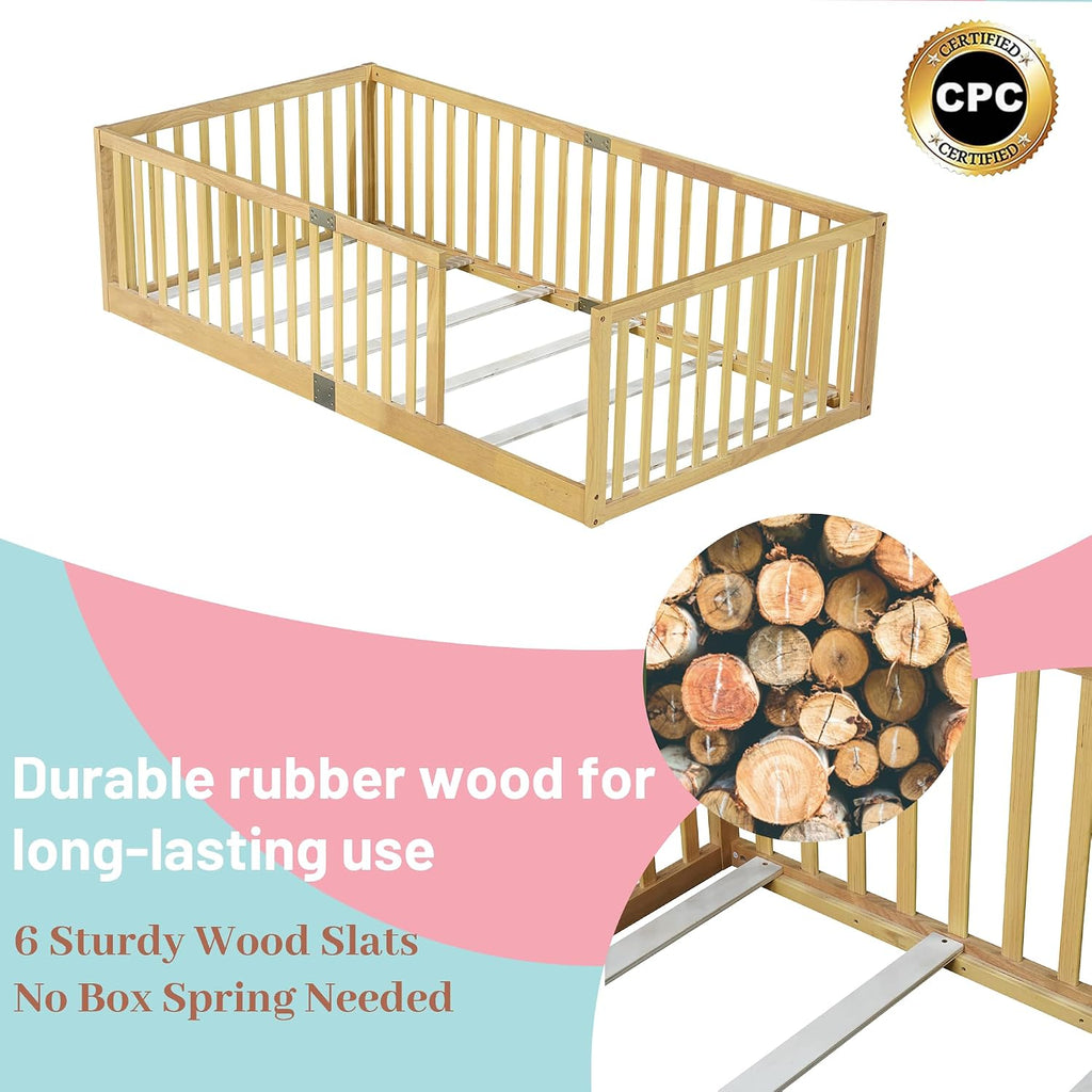 Montessori Floor Bed with High Rails and Slats, Solid Wood Floor Bed Frame with Fence, Low Wooden Kids Beds