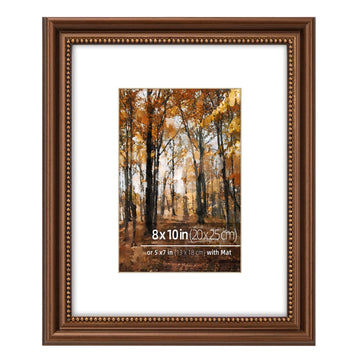 8x10 in Wood Classic Gallery Picture Frame Set, Ornate Beaded Inner, Matted for 5x7 Photo, Multiple Way Display