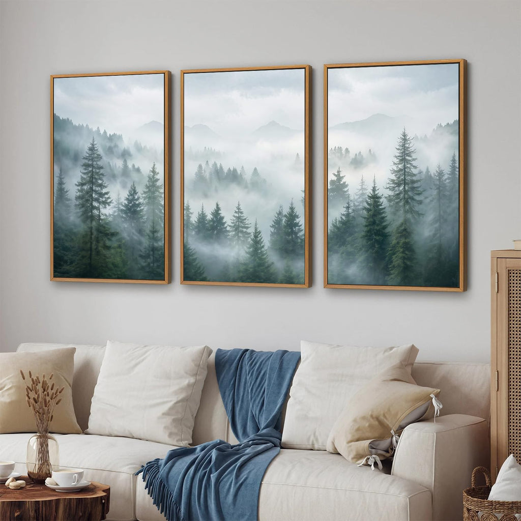Large Misty Forest Framed Canvas Wall Art Set, Dark Green Pine Tree Artwork, Modern Nature Landscape Wall Decor