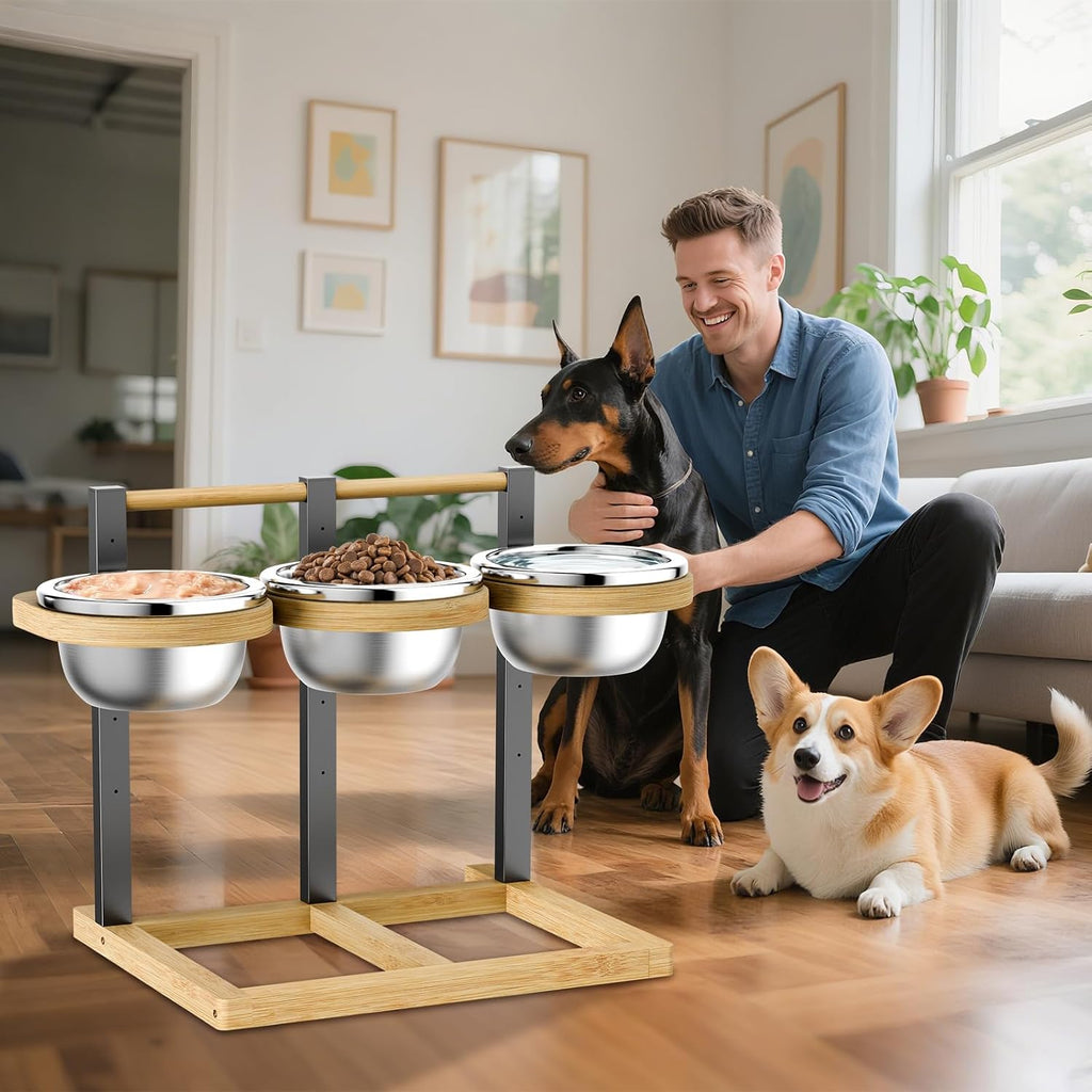 Bamboo Raised Dog Bowl, Elevated Dog Bowl, 5-Height Adjustable