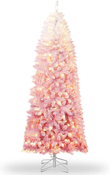 Prelit Artificial Christmas Tree with RGB & Warm White Lights, Pre-Lit Snow Flocked Pencil Christmas Tree
