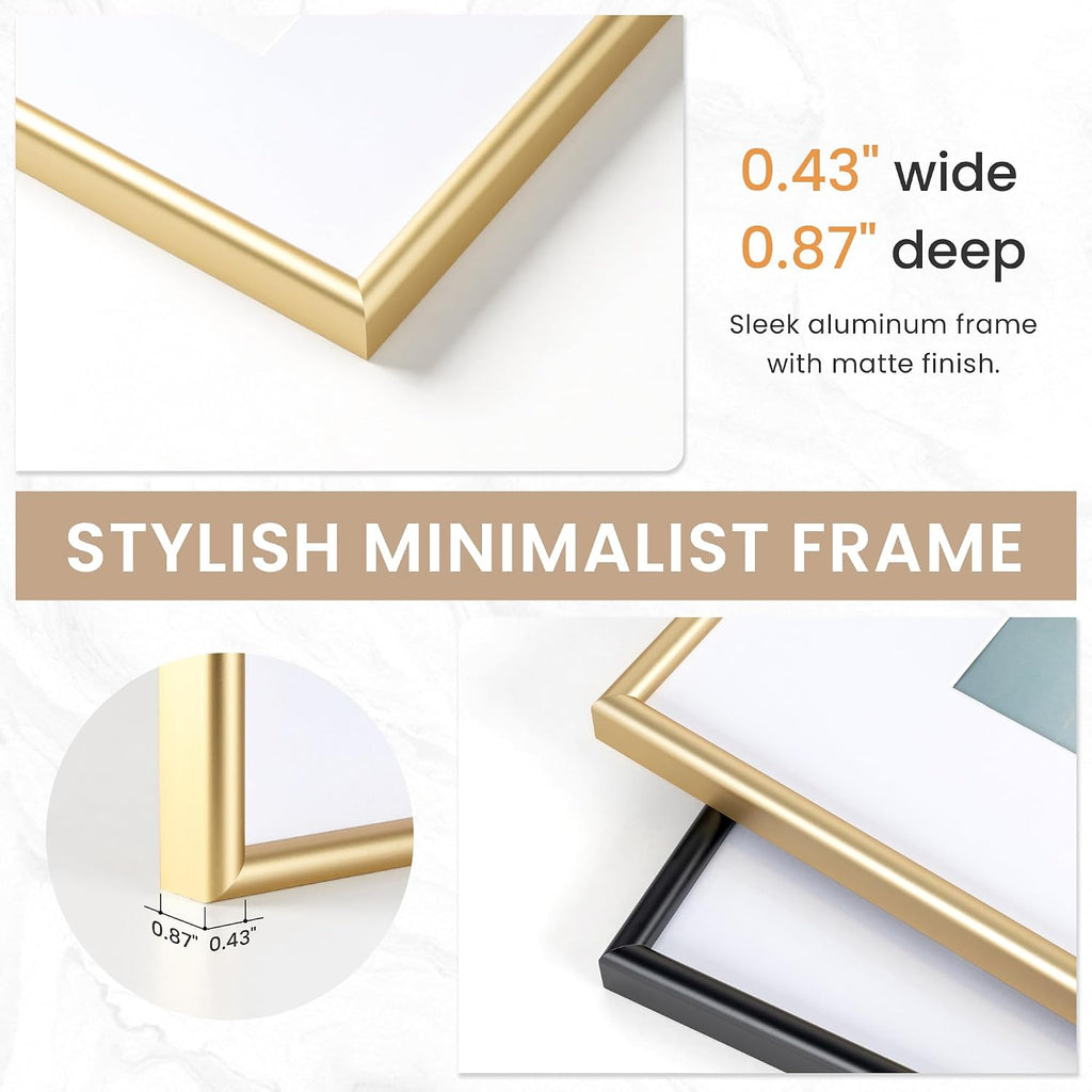 12x12 Gold Picture Frame, 12 x 12 Metal Frame Set of 3, Modern Gold Aluminum Frames with Tempered Glass, Matted to