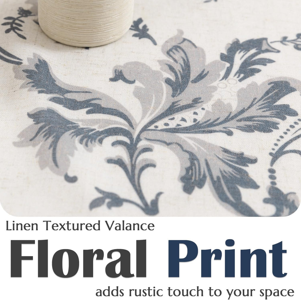 Tie Up Valance Curtain Floral Linen for Windows Farmhouse 45 Inch Damask Printed Short Window Treatment Adjustable