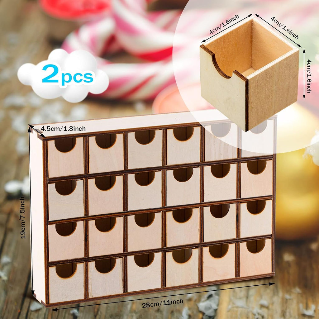 2 Pcs Wooden Advent Calendar 24 Drawers DIY Unfinished Christmas Box
