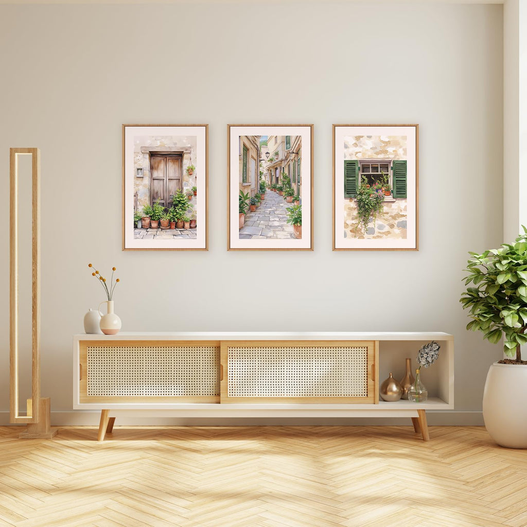 Italy Streets Travel Framed Wall Art Set, Green Botanical Wall Decor, Vintage Italian Style Countryside Villages Wall