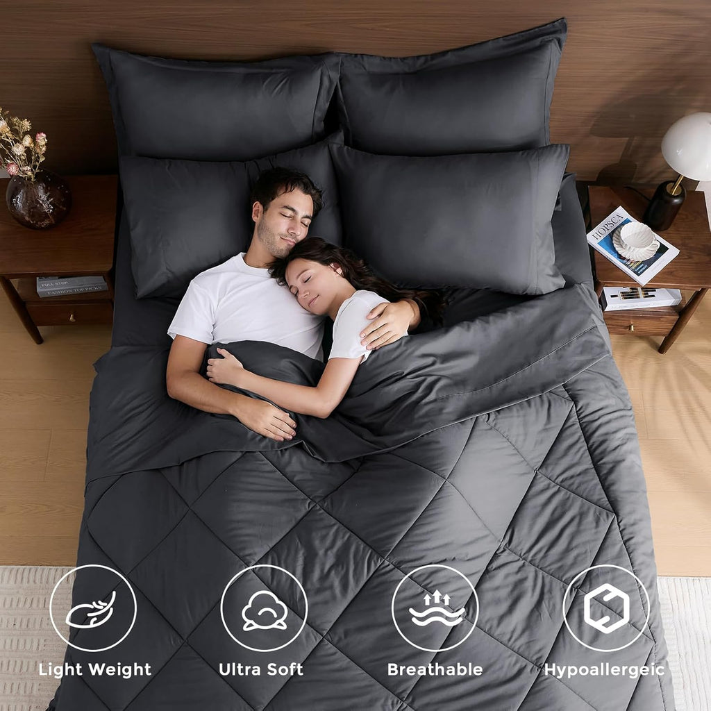 7 Pieces Queen Comforter Set, All Season Reversible Bed in a Bag, Ultra Soft Queen Bedding Set with Grey Comforter
