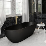 59" Free Standing Tub, Oval-Shaped Stone Resin Freestanding Bathtub Matte Black Solid Surface Soaking Tub with Drain