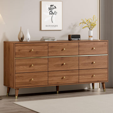 9 Drawer Dresser, 63" Wide Mid Century Modern Chest of Drawers, Wooden Bedroom Drawer Dresser with 9 Storage Drawers