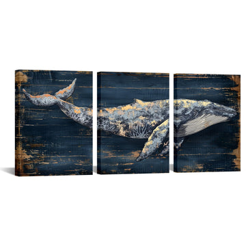 Blue Whale Wall Art Set of 3 Each Size 12x16 Inch Stretched Canvas Prints Navy Indigo Abstract Ocean Animal Paintings