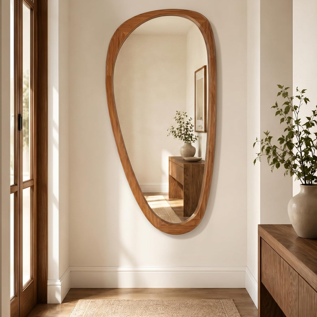 48x24 Inch Warm Walnut Large Irregular Solid Wood Wall Mirror