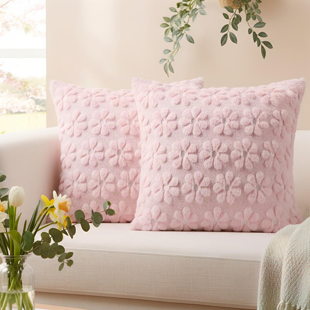 Spring Decorative Throw Pillow Covers 20 x 20 Inch Set of 2, Farmhouse Summer Floral Daisy Soft Faux Fur Cushion