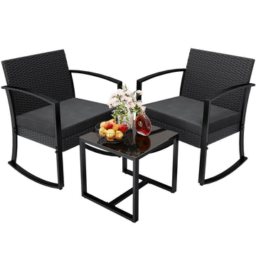3 Pieces Outdoor Furniture Set Patio Bistro Rocking Chairs with Glass Coffee Table for Pool Beach Backyard Balcony