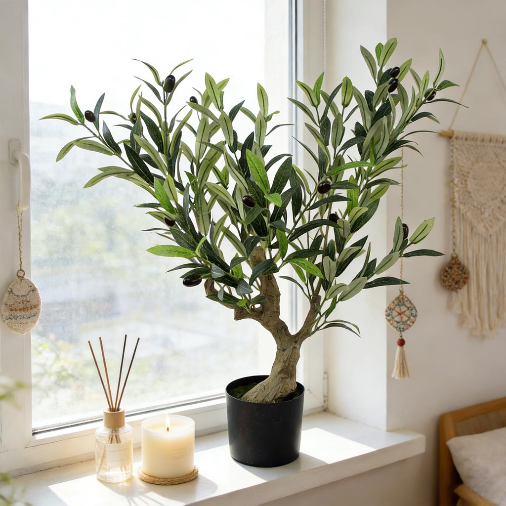 Artificial Olive Potted Tree, 28" Tall Tabletop Fake Olive Tree with Fruits Lifelike Faux Greenery Plants in Pot for