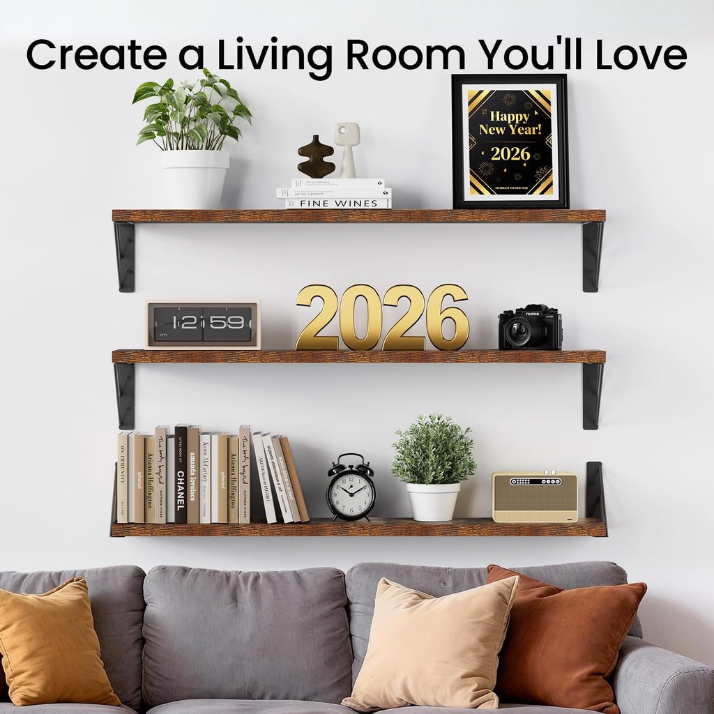 36" Long Wall Mounted Floating Shelves (Rustic Brown, Set of 3, 36")