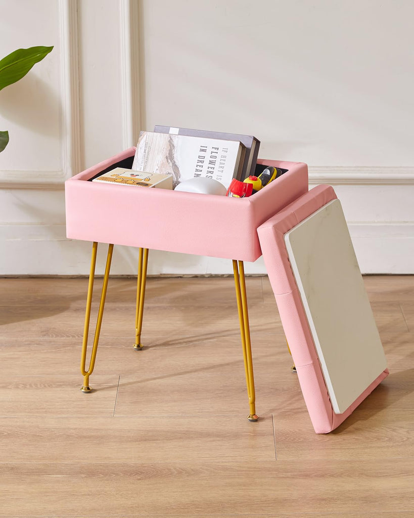 PU Storage Vanity Stool with Flip Tabletop, Ottoman, Pink