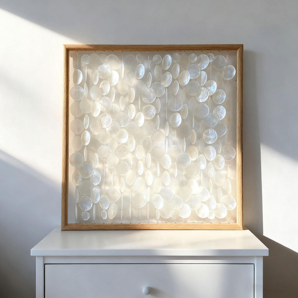 3D Handmade 24"x24" Capiz Shell Wall Hanging Decor, Solid Wooden Framed Coastal Wall Decor, Minimalist White Sea