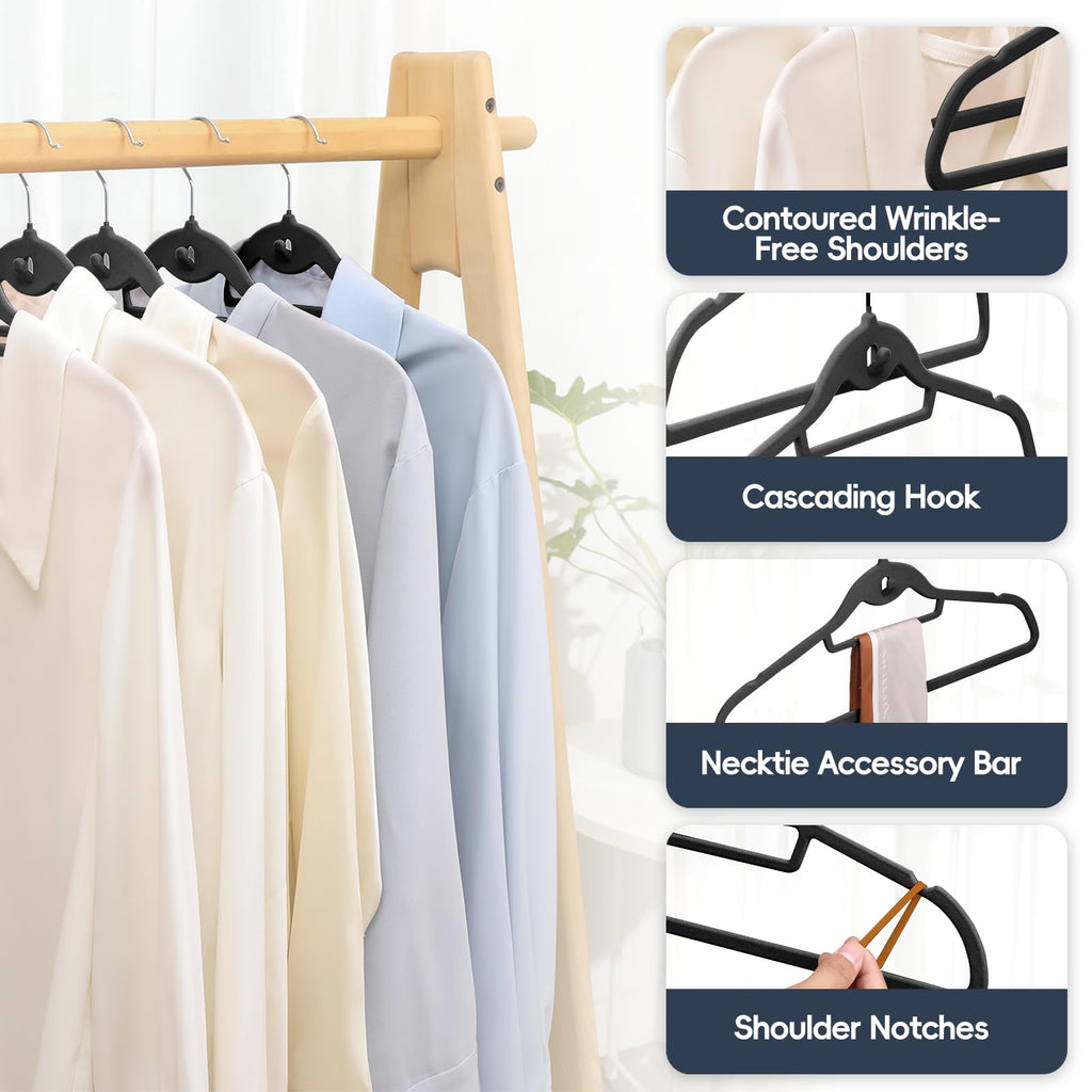 Velvet Stackable Hangers 50 Pack Space Saving Cascading Hook Black
