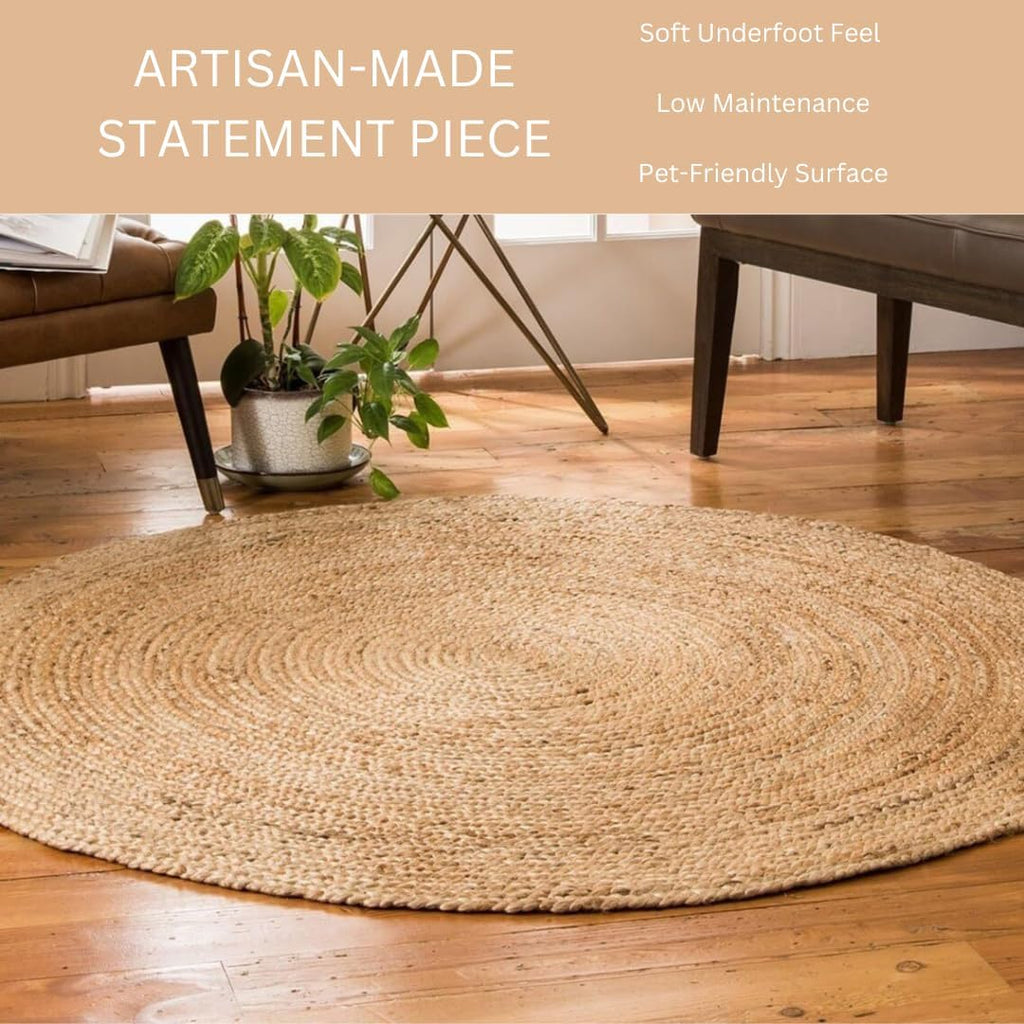 Handcrafted Jute Braided Rug 8 Feet Round - 100% Natural Jute Area Rug - Rustic Farmhouse Boho Accent Rug Bedroom
