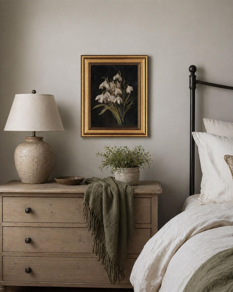Gold Framed Wall Art, Vintage Snowdrop Flower Canvas Prints, Old World Botanical Still Life Picture Wall Decor, Moody