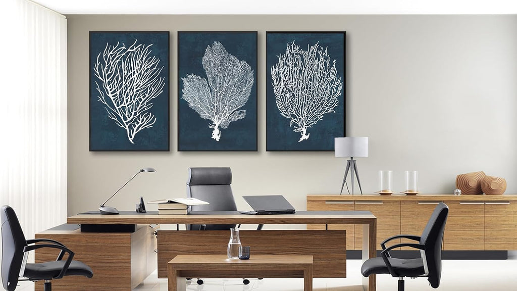 Large Framed Coral Wall Art - Navy Blue Coastal Wall Decor Painting Set of 3 Minimalist Beach Wall Art Prints