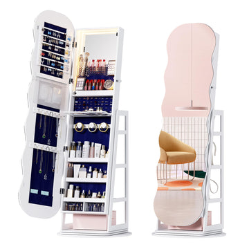360° Swivel Jewelry Cabinet with Lights, LED Jewelry Organizer with Full Length Mirror, Lockable Wavy Mirror Jewelry