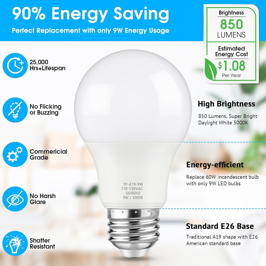 A19 LED Light Bulb, 60 Watt Equivalent LED Bulb, Daylight White 5000K, 850 Lumen, E26 Base, Non-Dimmable, 9W Bright