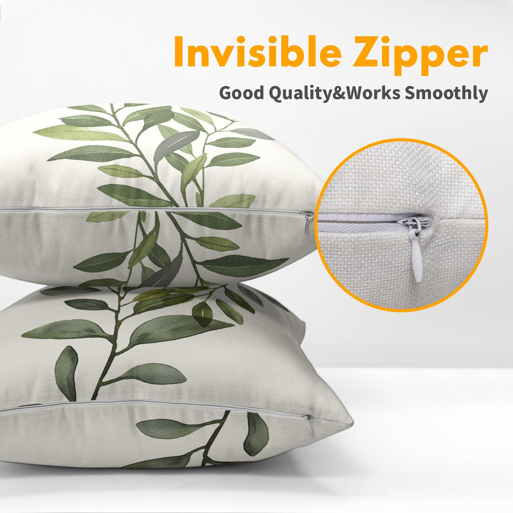 Olive Leaves Throw Pillow Covers 22x22 Inch Rustic Green Leaf Grey Square Pillowcases Cotton Linen Cushion Cover for