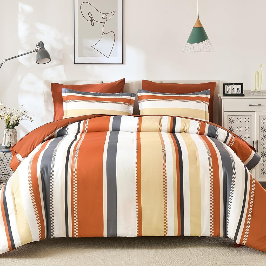 Queen Comforter Set, 7 Pieces Bed in a Bag Orange Queen Bed Set, Soft Boho Striped Bedding Sets with Sheets