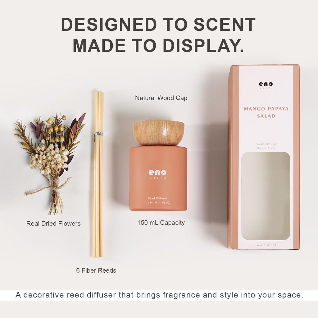 Reed Diffuser Set with Dried Flowers, 5.1 fl oz / 150ml, Mango Papaya Salad - Home Fragrance Diffuser with Sticks