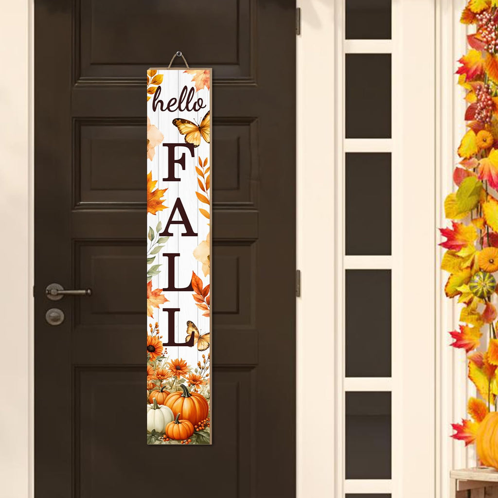 Hello Fall Porch Sign Autumn Pumpkin Maple Leaf Welcome Sign Vertical Standing Sign For Front Porch Decor Farmhouse