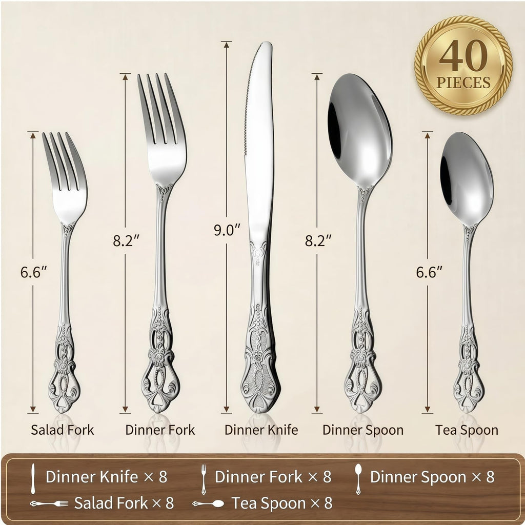 40 Pieces Retro Royal Silverware Set for 8, Stainless Steel Flatware Set, Dishwasher Safe Dinnerware Set Including
