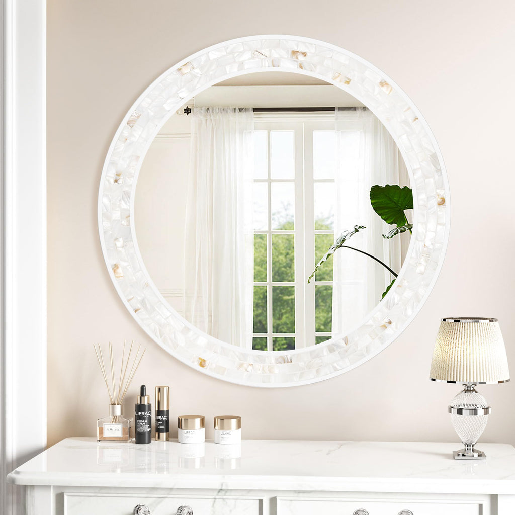 Round Bathroom Mirror 30 Inch with Coastal Mosaic Shell Frame