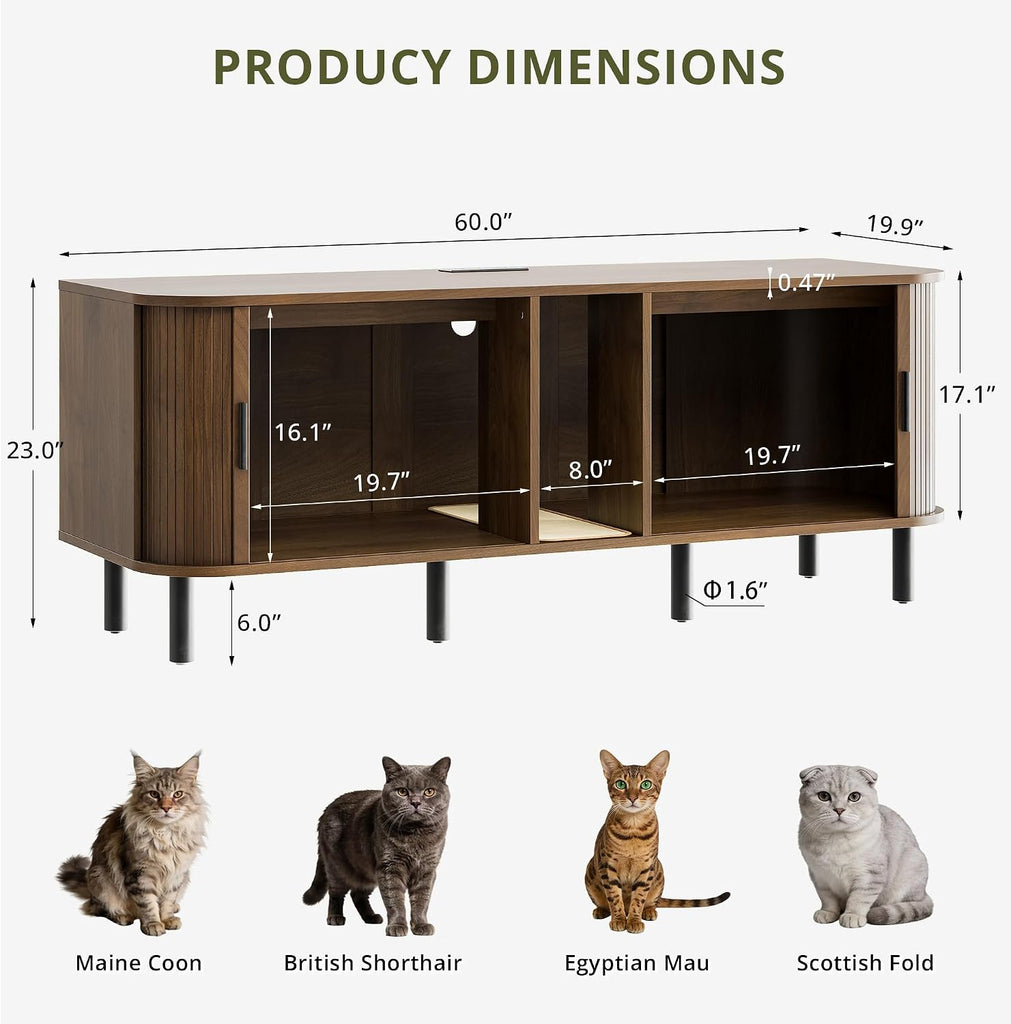 60" Double Cat Litter Box Enclosure with Power Outlet