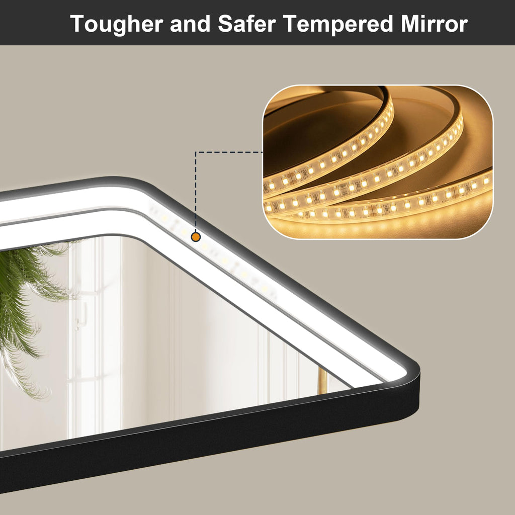 55x32 Inch LED Bathroom Mirror with Lights, Black Metal Framed LED Mirror, 3 Colors and Stepless Dimmable Wall