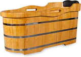 59” Freestanding Bathtub Wooden Soaking Tub Handcrafted Deep Soaking Bathtub with Wooden Handrails, Japanese Soaking