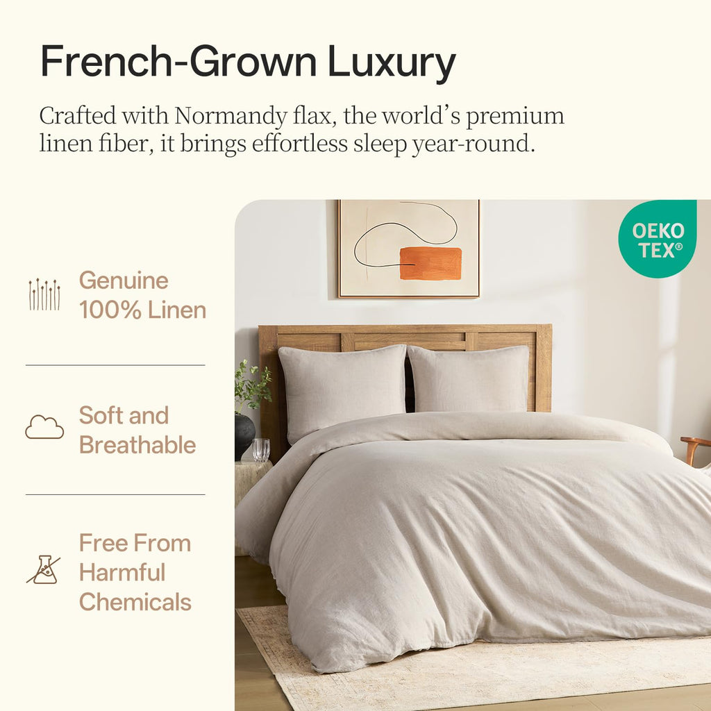 100% French Linen Duvet Cover 3Pcs Set, 170GSM Linen Bedding