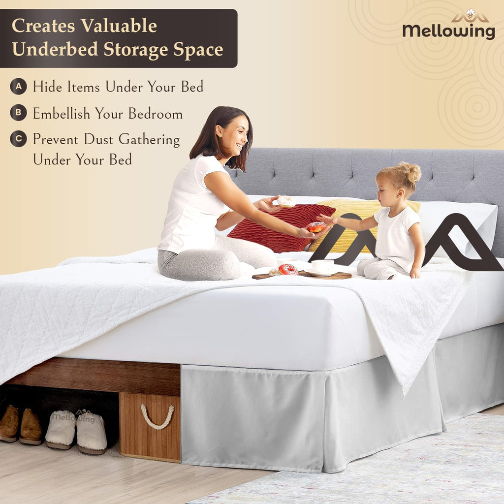 Pleated Bed Skirt with Platform Three Sided Coverage 14 inch Tailored Drop Brushed Microfiber Pleated Bed Skirt with