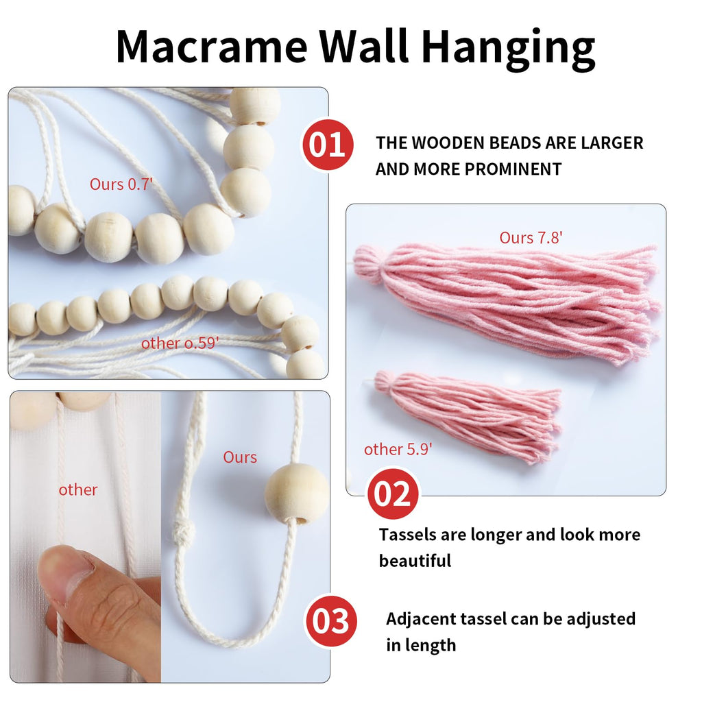 Pink&White Large Macrame Wall Haning Boho Decor, Blush Pink Tassel Wall Decor Bohemian, Pink Bedroom Living Room Girls