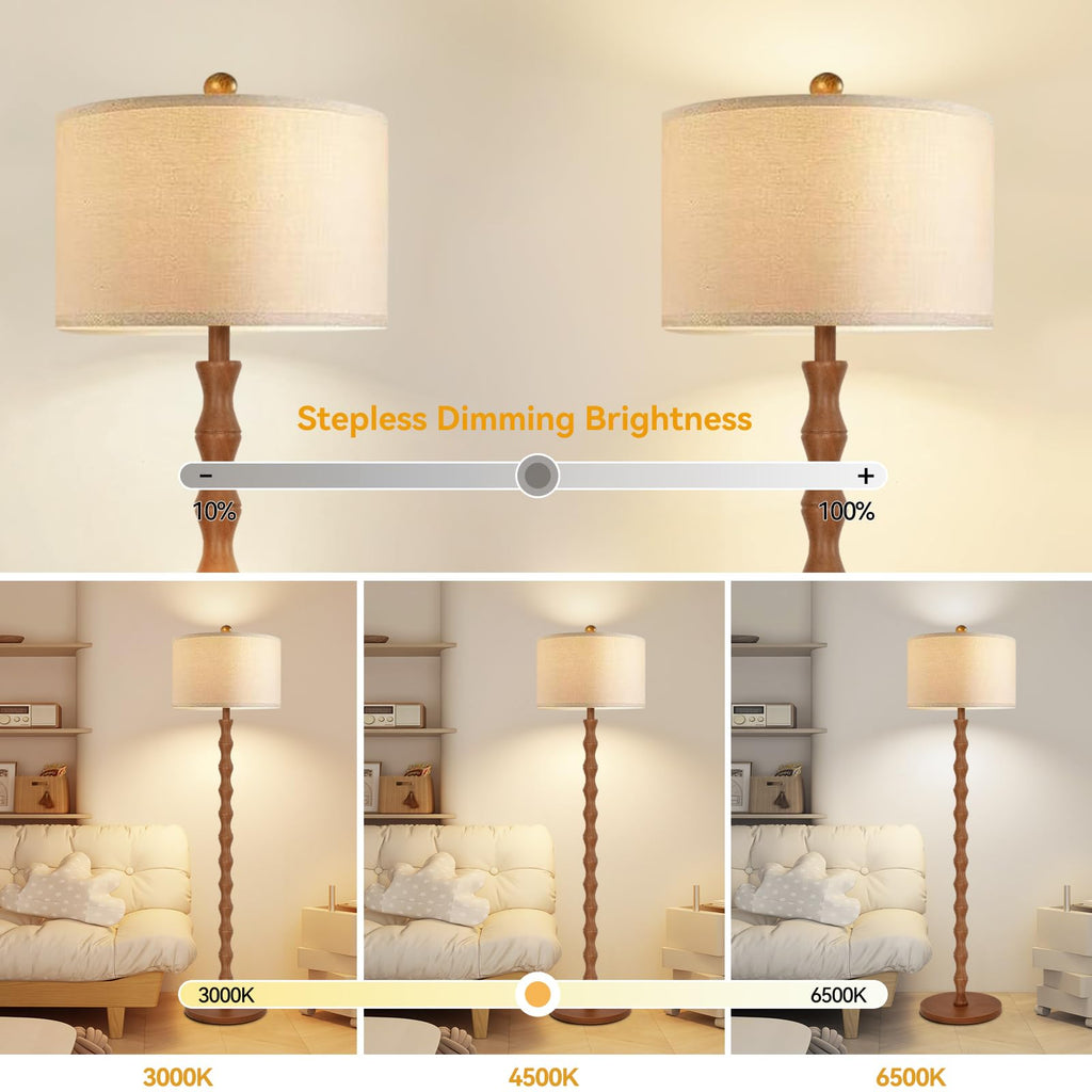 Wood Floor Lamp with 3 Color Temperatures, Boho Floor Lamp with Remote Control, Dimmable Vintage Floor Lamp Mid Century