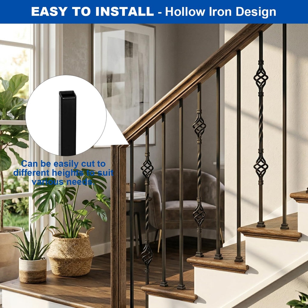 10 Pack 44" Iron Double Basket Balusters for Staircase Interior, 1/2" Hollow Stair Balusters, Matte Black Metal