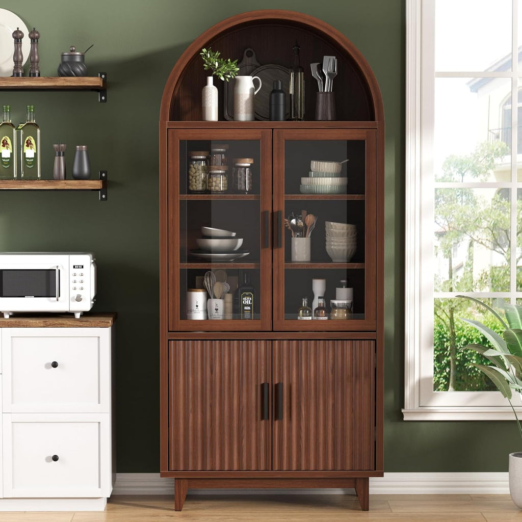 Kitchen Pantry Cabinet with Glass Doors, Arched Design,Walnut | Solid Wood Legs, Artistic Fluted Doors, Adjustable