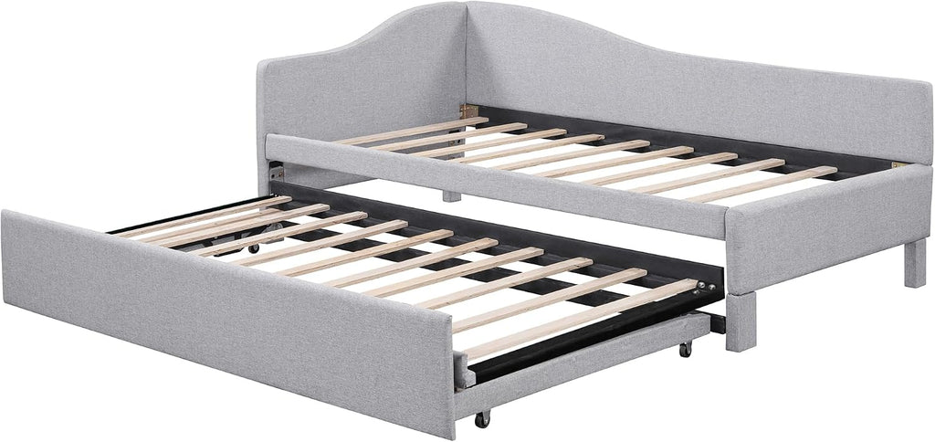 Twin Size Daybed with Pop up Trundle,Linen Upholstered Day Bed Frame with Wood Slats,Extendable Trundle Bed,Twin to