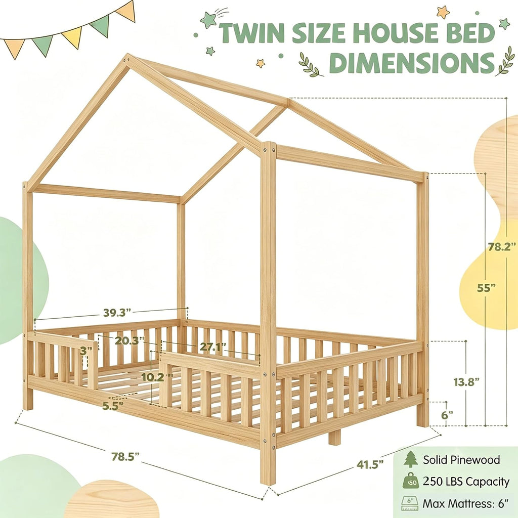 Tw Bed for Kids with High Rails, Montessori Floor Beds Twin with Roof & Canopy, Wood House Bed Frame for Boys Girls