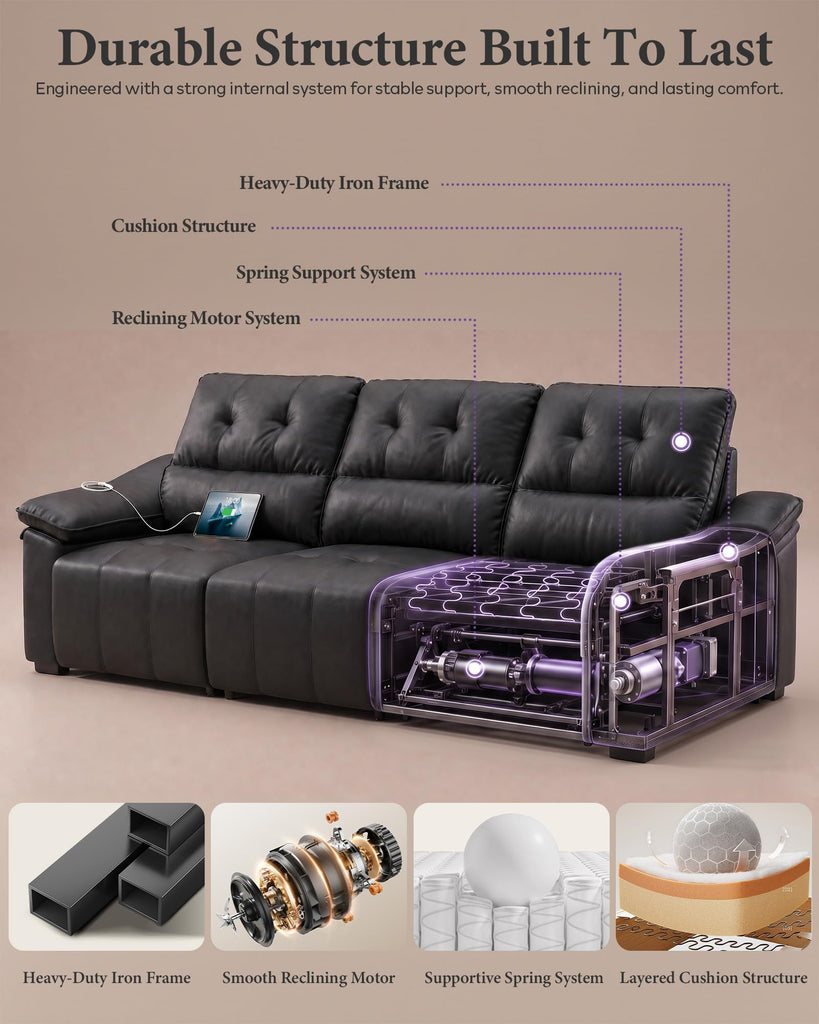 110'' Electric Leather Recliner Couch, Power Extendable Pull Out Sofa Bed