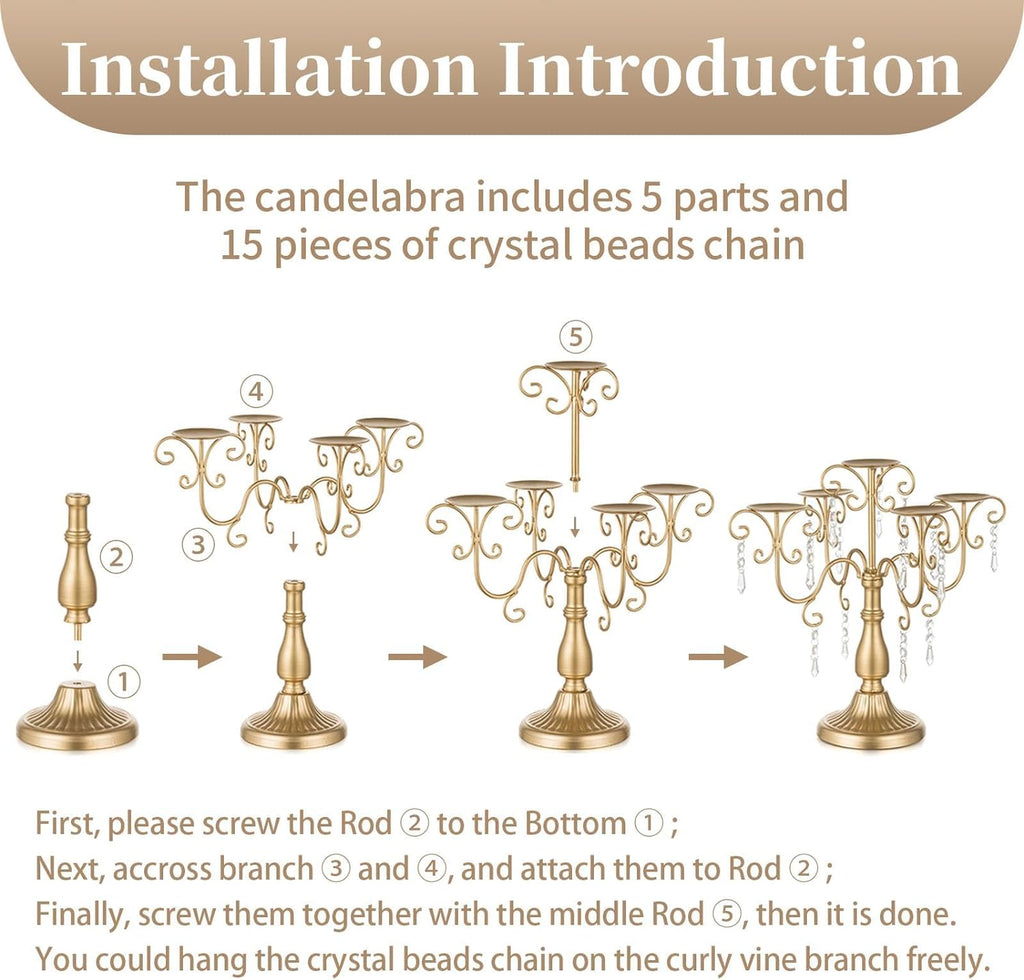 Candelabra Centerpieces Gold Candle Holder - 5 Arm Pillar Candle Holders with Crystal Beadsedding Candleholders