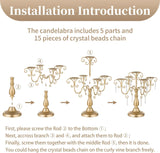 Candelabra Centerpieces Gold Candle Holder - 5 Arm Pillar Candle Holders with Crystal Beadsedding Candleholders