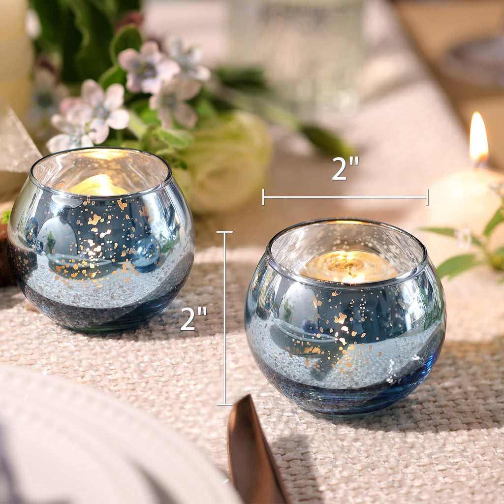 Round Blue Votive Candle Holder Set of 12, Mercury Glass Votives