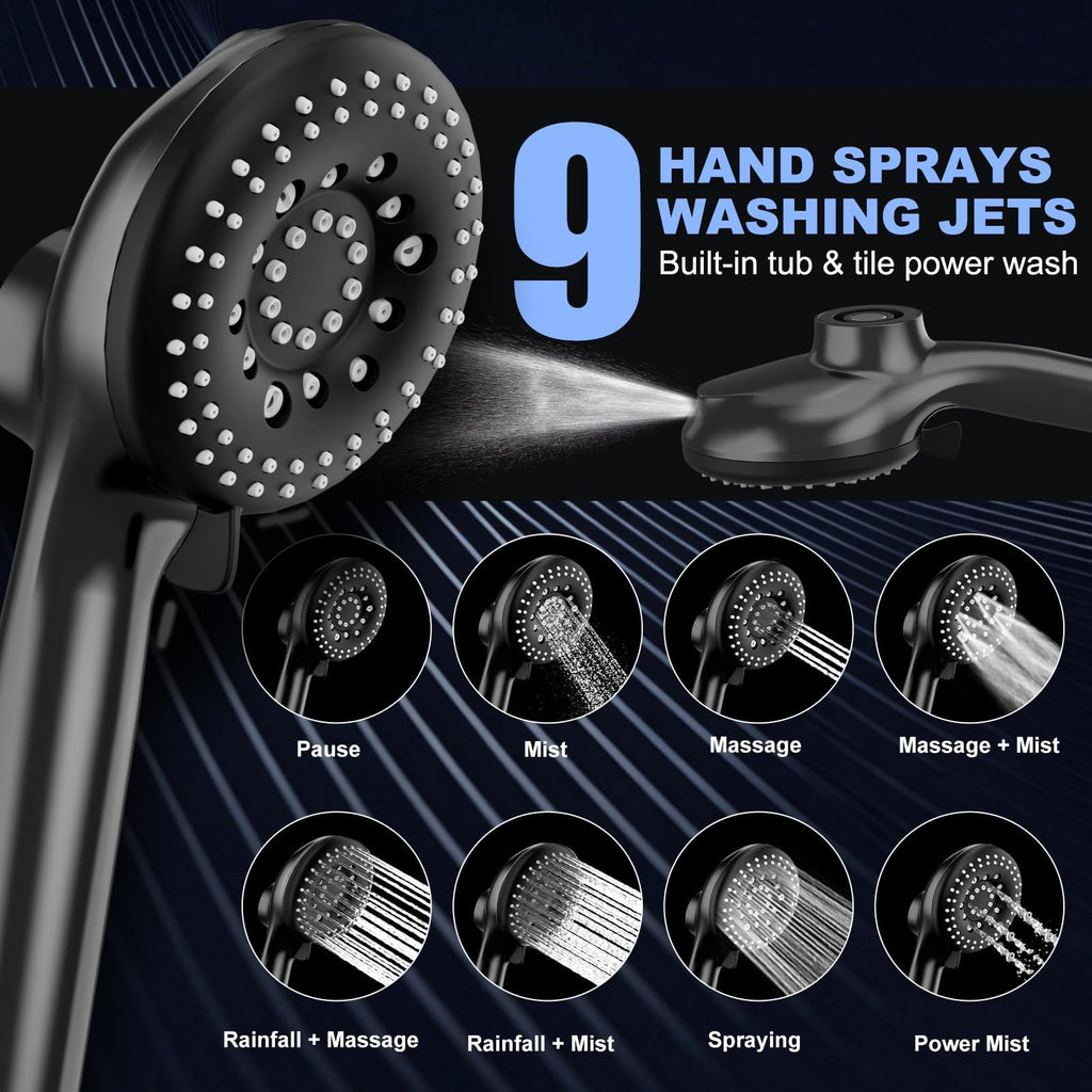 12 Inch High Pressure Rainfall Shower Head Combo, 9 Settings Handheld Shower